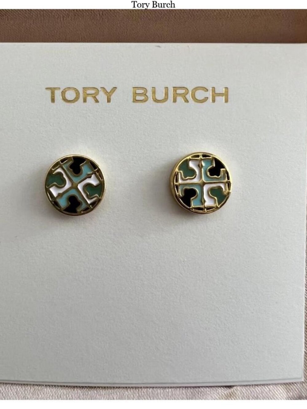 Tory Burch Gold Logo Stud Earrings with Mint and White Enamel